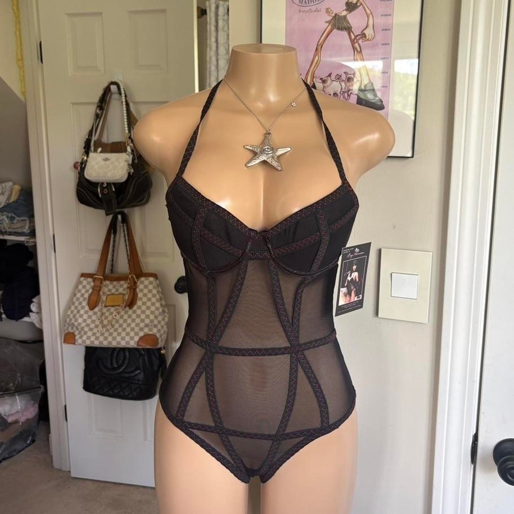 NWT Y2K 2000s bimbo Black Sheer Mesh Corset Bodysuit